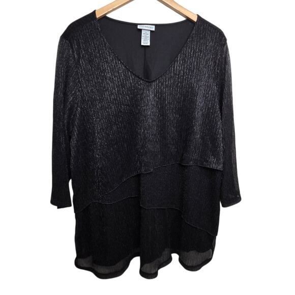 Catherines Tunic Top 1X 18/20 Black Metallic Thread Tiered 3/4 Sleeves Elegant - Picture 1 of 8